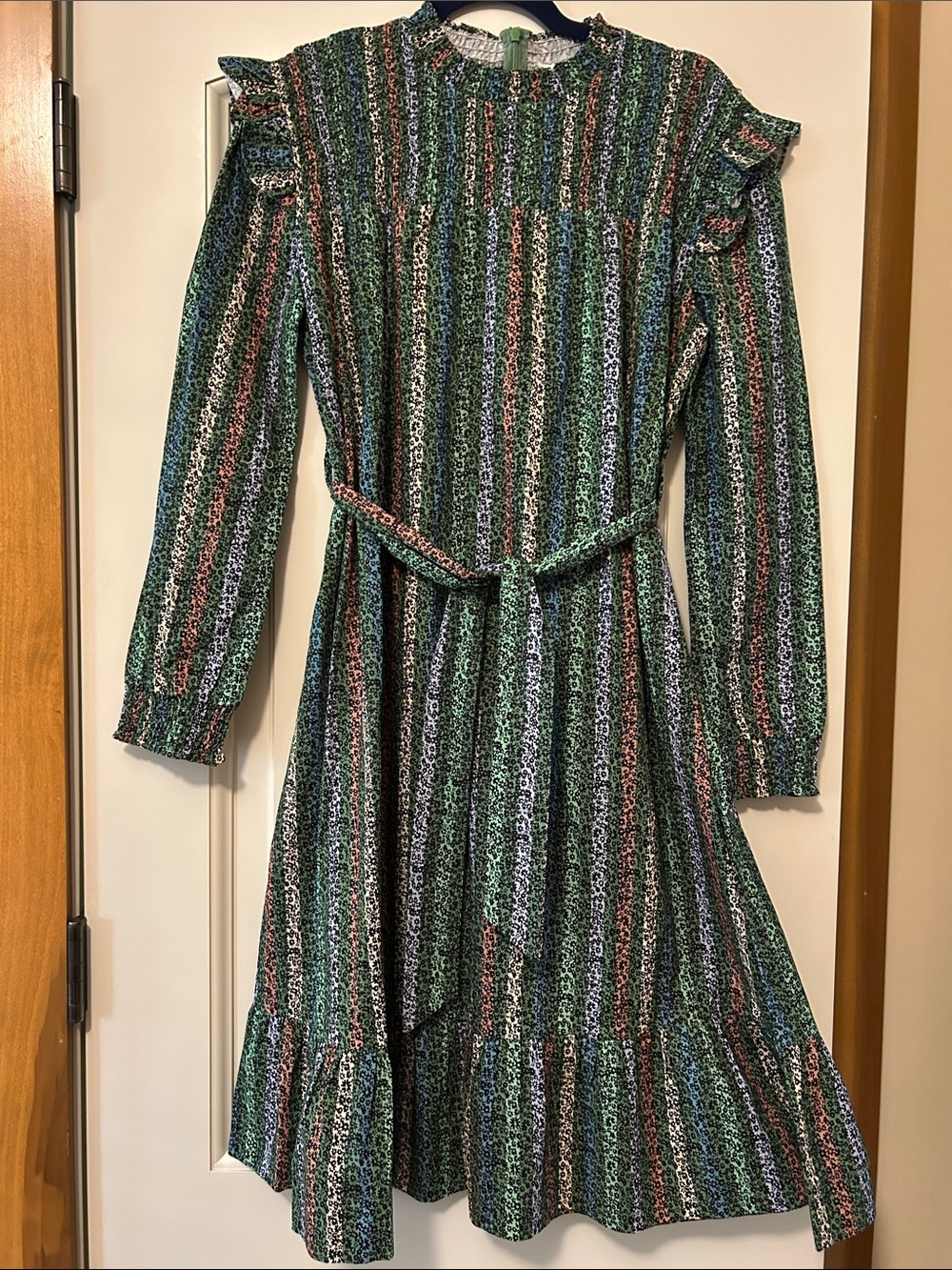 Porter Striped Ruffle-Sleeve Belted Dress in Green Multi rushed front Bodice
